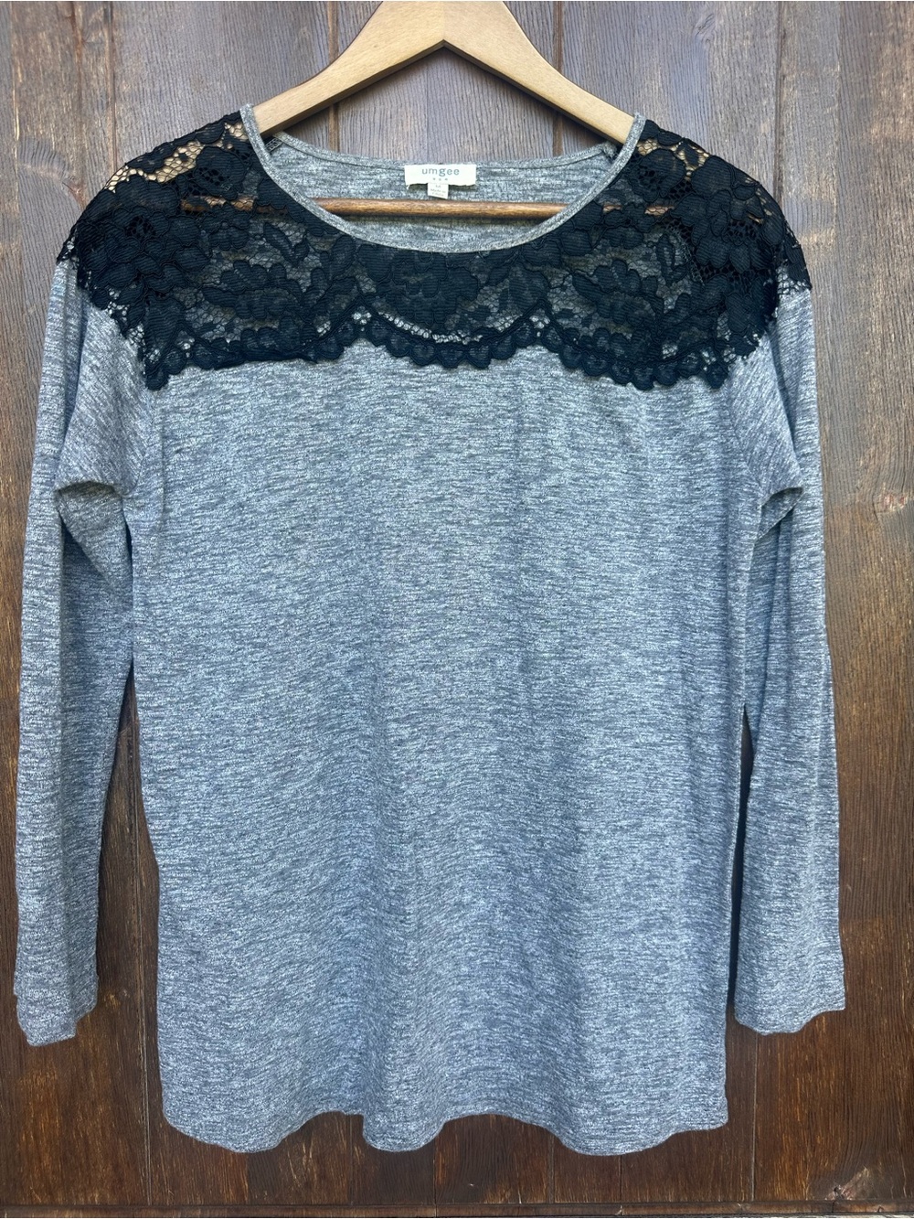 Umgee Gray Long Sleeve Top with Black Lace Yoke